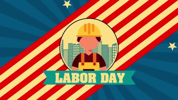 Amerikaanse Arbeidsdag Evenement Animatie Video Cartoon Stijl Met Werknemer Mannelijke — Stockvideo