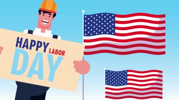アメリカの労働者の日イベントアニメーションビデオ漫画スタイルコンストラクターワーカ国民の休日のお祝い — ストック動画