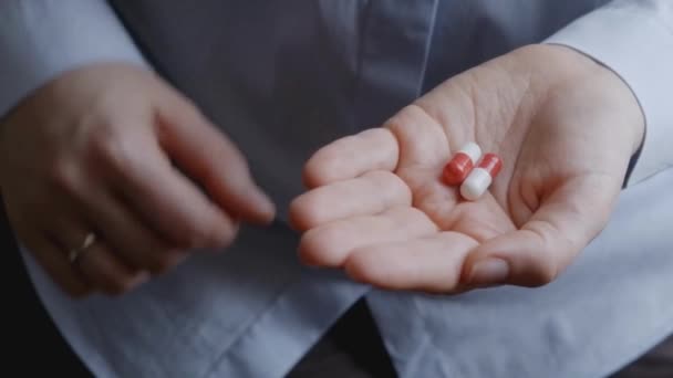 Woman Hold Pills Hand Medication Supplement Medicine Multi Vitamin Treatment — Stock Video