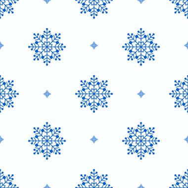 Mavi kar tanelerinin kusursuz deseni, izole arkaplanda yıldızlar. Yeni yılın, Noel 'in, kış tatillerinin mevsimsel kutlaması. Tebrik kartları, hatıra defteri, duvar kağıdı için kar yağışı arkaplanı.