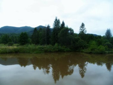 Sakin bir gölet, dağlık bir manzaranın huzur dolu güzelliğini yansıtır.