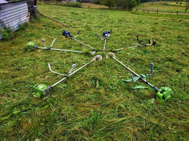  Yeni biçilmiş bir tarlada dinlenen çim biçiciler.