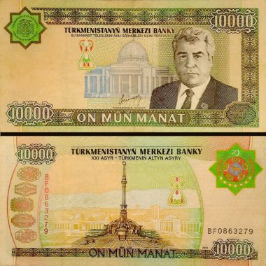 Avrupa 'daki koleksiyoncular tarafından aranan, detaylı portreler ve manzaraların yer aldığı, Türkmenistan' dan yüksek oranda koleksiyonluk 10000 Manat banknotu.