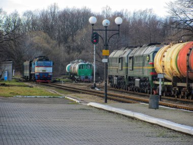 Unutulmuş bir demiryolu kaplamasında paslanan eski trenler