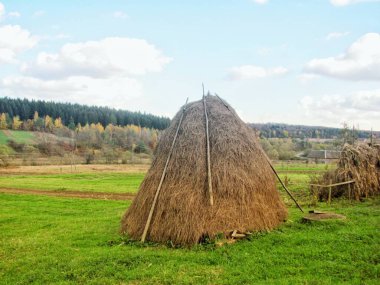 Çiftlikteki bir tarlada saman yığını, kırsal bir tarım alanı.