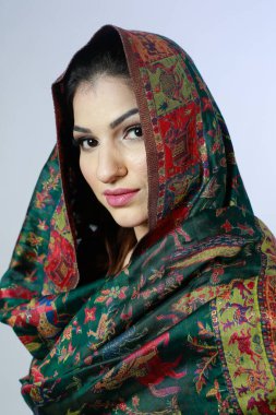 Geleneksel nakış işlemeli güzel Pakistanlı kadın shalwar kameez elbisesi. Moda Konsepti