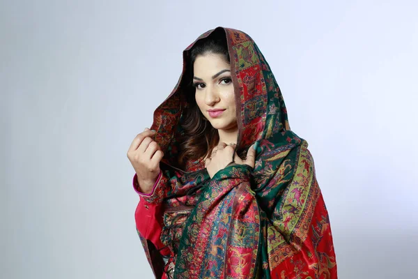 Bella Donna Pakistana Tradizionale Ricamo Shalwar Kameez Vestito Concetto Moda — Foto Stock