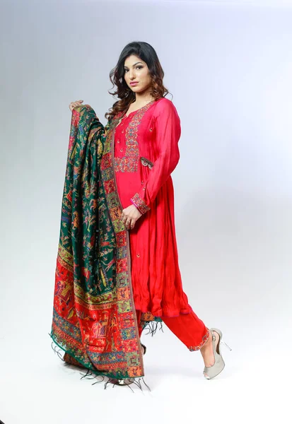 Bela Mulher Paquistanesa Tradicional Bordado Vestido Shalwar Kameez Conceito Moda — Fotografia de Stock