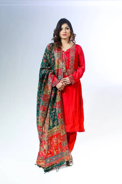 Krásná Pákistánská Žena Tradičních Výšivkových Kameezových Šatech Módní Koncept — Stock fotografie