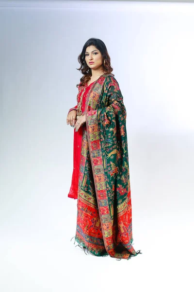 Krásná Pákistánská Žena Tradičních Výšivkových Kameezových Šatech Módní Koncept — Stock fotografie