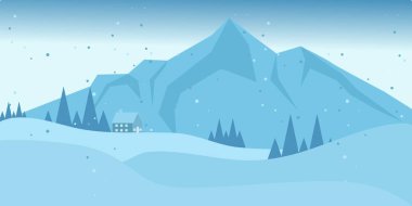 Winter Mountain View with pines and hills. Snowy Winter Scenery. Beautiful winter flat landscape background. Winter landscape with mountains and snowfall. Flat design. Vector clipart