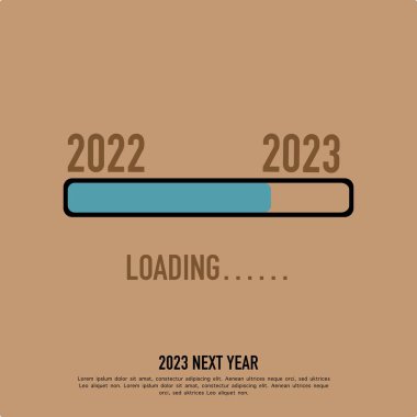 Yükleme barı. Yükleme 2022, 2023 gelecek yıl. Güzel yatay afiş, ağ ya da baskı için. Kahverengi arkaplandaki metin. Poster ya da kart şablonu. Vektör illüstrasyonu
