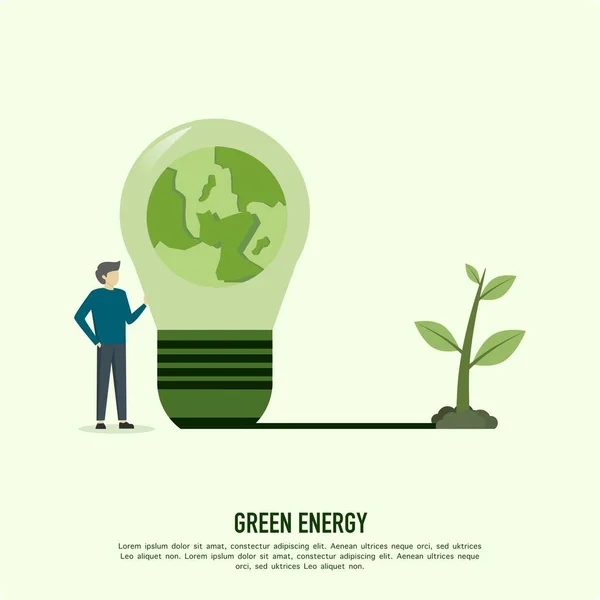 stock vector flat design vector illustration concept for green energy, male character using tree to turn on green light for green energy. Concepts for web banners and print materials