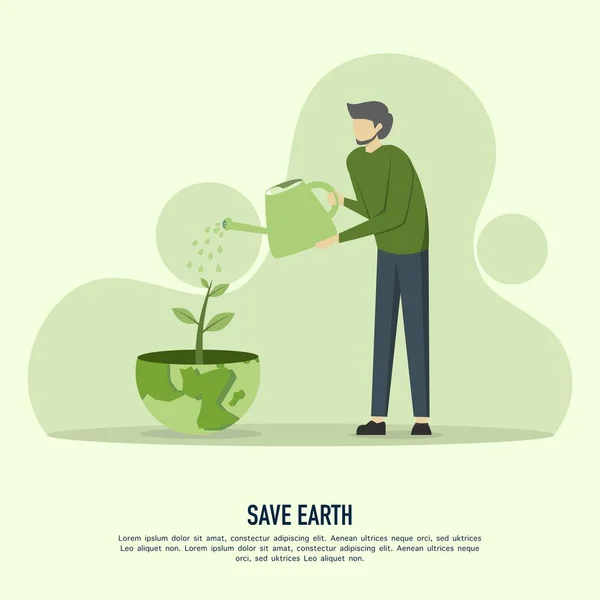 Salvar Planeta Conceito Vetor Ilustração Homem Regando Plantas Com Recipiente — Vetor de Stock