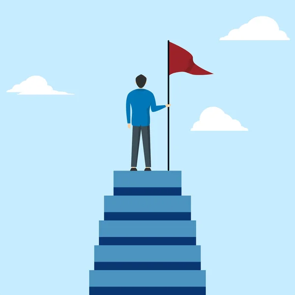 当一个企业家达到事业或成功的巅峰时 他就达到了成功或目标的巅峰 商人拿着国旗站在楼梯上 领导人实现的目标 — 图库矢量图片