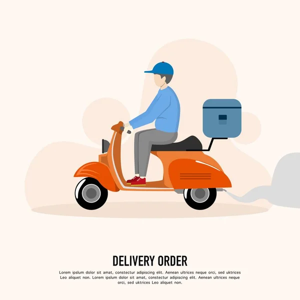 速递服务的概念 网上订购 家庭及办公室送货 摩托车和骑自行车的人 送货的人都用摩托车运送包裹 矢量说明 — 图库矢量图片