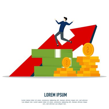 Ekonomik büyüme kavramı. Başarılı iş adamı mutlu ve bir yığın paranın üzerinde zıplıyor. Kar, büyüme. İş başarısı, liderlik, yenilik kavramı. büyüyen ok.