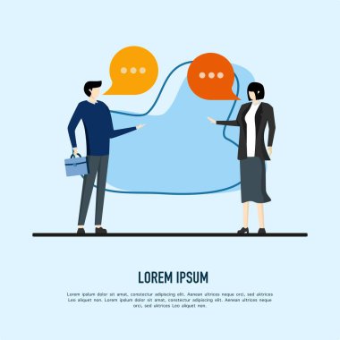 Yüksek sesle konuşun, konuşmacı, sunucu ya da bağırma konsepti, güven içinde iletişim kurun, hikaye anlatma ya da sunum becerileri, hikaye anlatma, iş kadını lideri erkek iş adamıyla konuşuyor