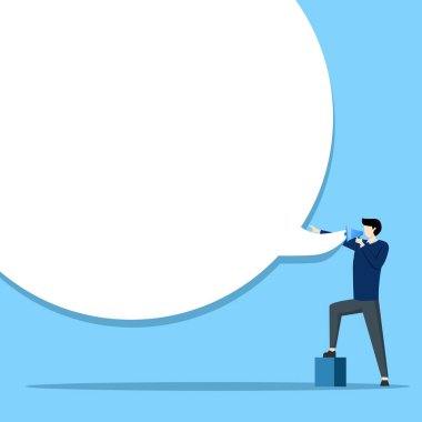 Megafonlar ve sohbet balonları. Kendine güvenen iş adamı megafonu halk içinde duyulmak için yüksek sesle konuşuyor. Meslektaşlarınla yüksek sesle konuş ya da dikkat çek ve terfi kavramını açıkla.