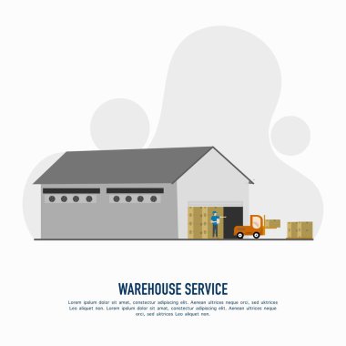 Kargo, lojistik, dağıtım, depolama, ithalat ve ihracat yükleme ve boşaltma ile depolama faaliyetlerinin vektörü. Depo işçisi forklift kuruyor..