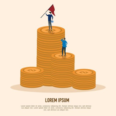 Para yığını üzerinde duran işadamı, hedeflere, liderliğe ve hedeflere ulaşan lider iş konsepti. Başarı hedefleri, motivasyon ve başarı, yaratıcı konsept vektörü izole illüstrasyon