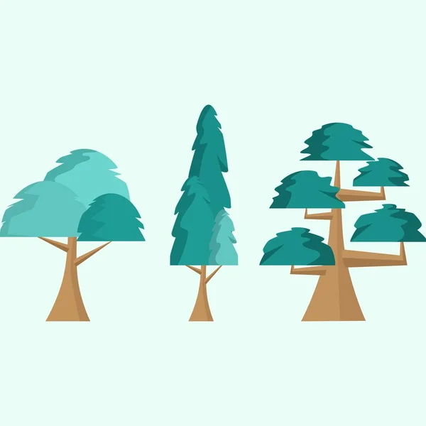 ミニマルなスタイルで3本の平らな木 平らな森の木の自然植物隔離された環境に優しい葉 — ストックベクタ