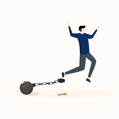 Borç zincirini çözdükten sonra işadamı sevinçten havalara uçuyor. Krediler veya taksitler, borçsuz veya borçları ödeme özgürlüğü, mali sorunları aşmak için çözümler, tasarruflar veya kendinizi kurtarmak için yatırımlar