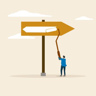 İş adamı okları saat yönünün tersine ok başlarına çizer. Karşıt yön, çatışma veya ters yön, kariyer yolu konsepti, daha iyi bir fırsata dönüşmek için kararsız iş kararı.