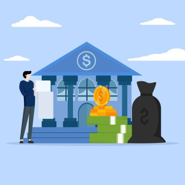 financial management concept. Character counting money to save, analyzing public finance, saving money concept. Financial audit concept. Flat cartoon vector illustration.