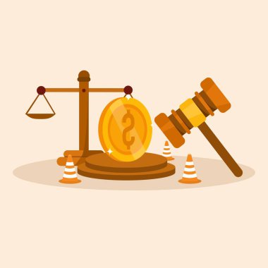 law or legal concept to pay compensation, hammer of justice with dollar symbol and beating pole. Workers compensation, wage replacement compensation, work accident benefits.