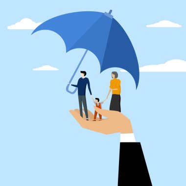 risk protection concept, budget for life, family with husband and wife and children in arms with umbrella cover protection, family protection to ensure its members will be financially supported.