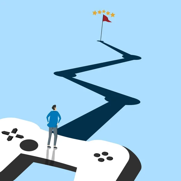 Adamı Joystickte Durup Hedefe Ulaşmak Için Yolculuğa Bakıyor Oyun Zorluklarını — Stok Vektör