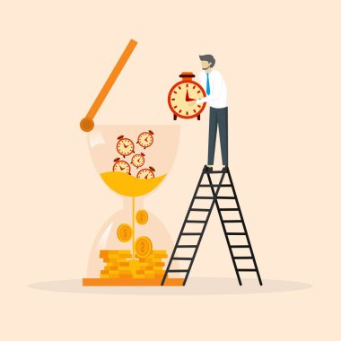 Çalar saat ve zamanlayıcı kum bardağına düşüyor. Kâra, emeklilik fonu konseptine, iş adamlarına zaman, saat, saat, para, uzun vadeli yatırım iadesine düşüyor..