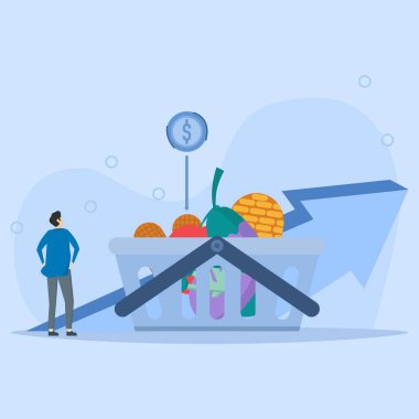 Enflasyon illüstrasyonu. Tüketici fiyat endeksinin büyümesi ve finansal kriz kavramı. Karakter süpermarketten yiyecek alıyor ve market fiyatlarının artmasından endişe ediyor. Vektör illüstrasyonu.