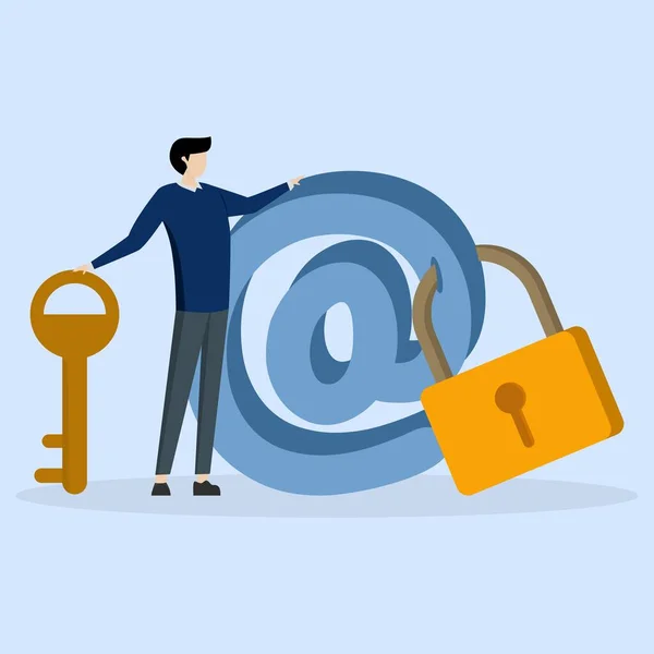 Güçlü asma kilit güvenliği olan bir işadamı e-posta sembolünde duruyor. Siber saldırılara karşı savunma amaçlı güvenlik sistemi, veri şifreleme teknolojisi konsepti, spam veya veri sızıntısı, e-posta güvenlik koruması.