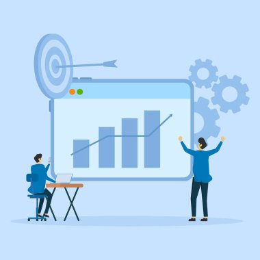 İş adamları Analiz Ekibi Verileri ve İnternet izleme konsolu mali yatırım konsepti ve grafiğini izleme, İş Karakteri Ekibi Veri Analizi ve Araştırma Finansal