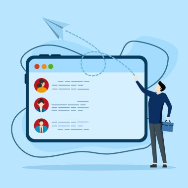 Posta listesi olan bir işadamı e-posta gönderiyor. E- posta kampanyaları göndermek, promosyon göndermek veya pazarlama mesajı taslakları, abonelik e- posta yönetim yazılımı.