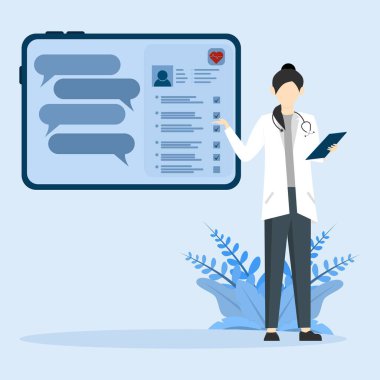 Doktor tabletteki hasta elektronik çizelgesine bakıyor. Düz Karakter kavramı. Web tasarımı kavramı. Hasta doktorla sağlık danışmanlığı.