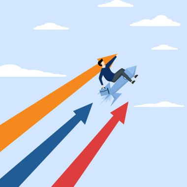 Büyüyen oklarla roket iticisi kullanan bir iş adamı. Finansal büyüme, yatırım gelirinin artması veya borsa artışı, başarı, yenilik artışı karı veya satış için iş kavramı geliştirilmesi.