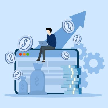 Çevrimiçi iş konsepti vektör illüstrasyonu. Sosyal medya satışı, promosyon, iş fırsatı, çevrimiçi girişim, ecommerce platform, internet pazarlama, dijital ajans metaforu