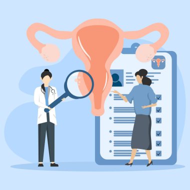 Doktor endometriyozisi tedavi etmek için rahmi büyüteçle inceliyor. Endometriyozis tedavi konsepti, endometriyozis, endometriyal fonksiyon bozukluğu. modern düz vektör illüstrasyonu