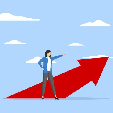 Başarılı bir işadamı, parlak bir geleceği gösteren büyüme okuyla yukarıda duruyor. Kadın lider kavramı, başarılı girişimci ya da ileri görüşlü kadın girişimci, kadın girişimci..