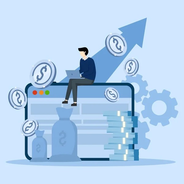 Çevrimiçi iş konsepti vektör illüstrasyonu. Sosyal medya satışı, promosyon, iş fırsatı, çevrimiçi girişim, ecommerce platform, internet pazarlama, dijital ajans metaforu