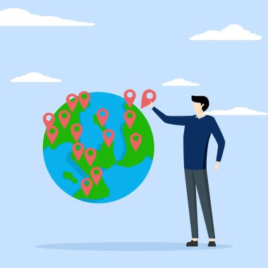 Girişimci CEO dünya haritasında yeni bir şube, küresel işletme genişlemesi, açık şirket şubesi, dünya çapında genişleyen iş konsepti, tüm kıtaları kapsayacak yeni bir konumda bayilik.