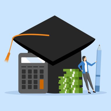 Student education budget calculation concept, postgraduate student status with calculator, education budget allocation, university fees or scholarship payments.