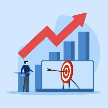 Dijital iş illüstrasyon konsepti. Karakterler fikirler üretir, pazarları hedef alır ve para kazanır, pazarlama verilerini analiz eder. İş etkinliği konsepti. Vektör illüstrasyonu.