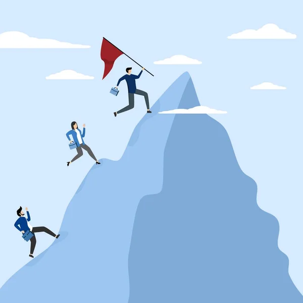 Affärsteam Medlemmar Kör För Att Toppen Berget Lyckad Affärsidé Ledarskap — Stock vektor