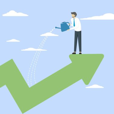 Gelişen iş konsepti, mutlu işadamı şirketlerin büyüme okları, yatırım büyümesi veya refahı, büyüme veya zenginlik birikimi, varlık fiyat artışı kavramını büyütmek için suyu dikkatle döküyor.