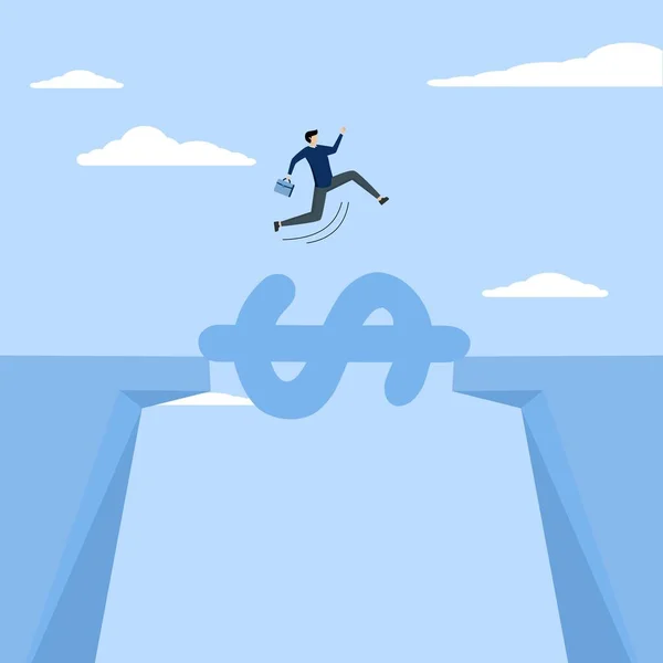 Money Support Business Survive Businessman Jump Cliff Gap Dollar Sign — Image vectorielle