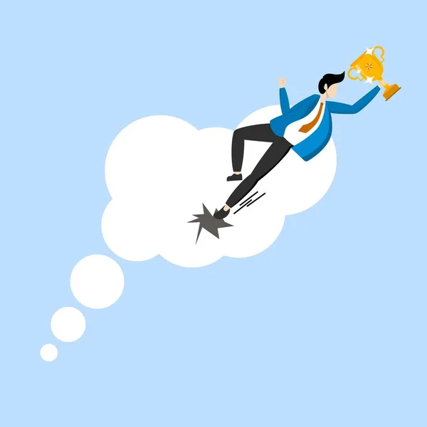 Concept Turning Dreams Reality Businessman Success Trophy Jumping Thought Bubble — Vector de stock